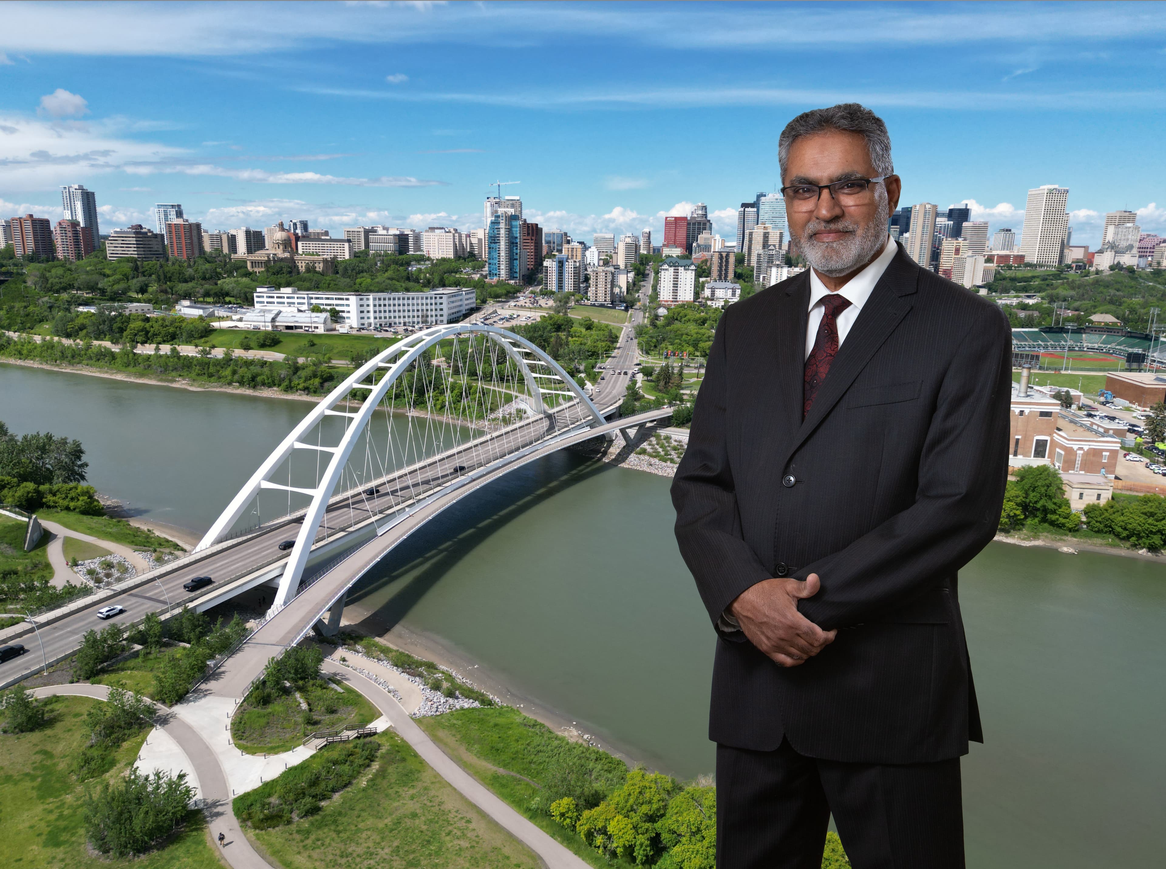 Ali with Edmonton skyline and Walterdale Bridge