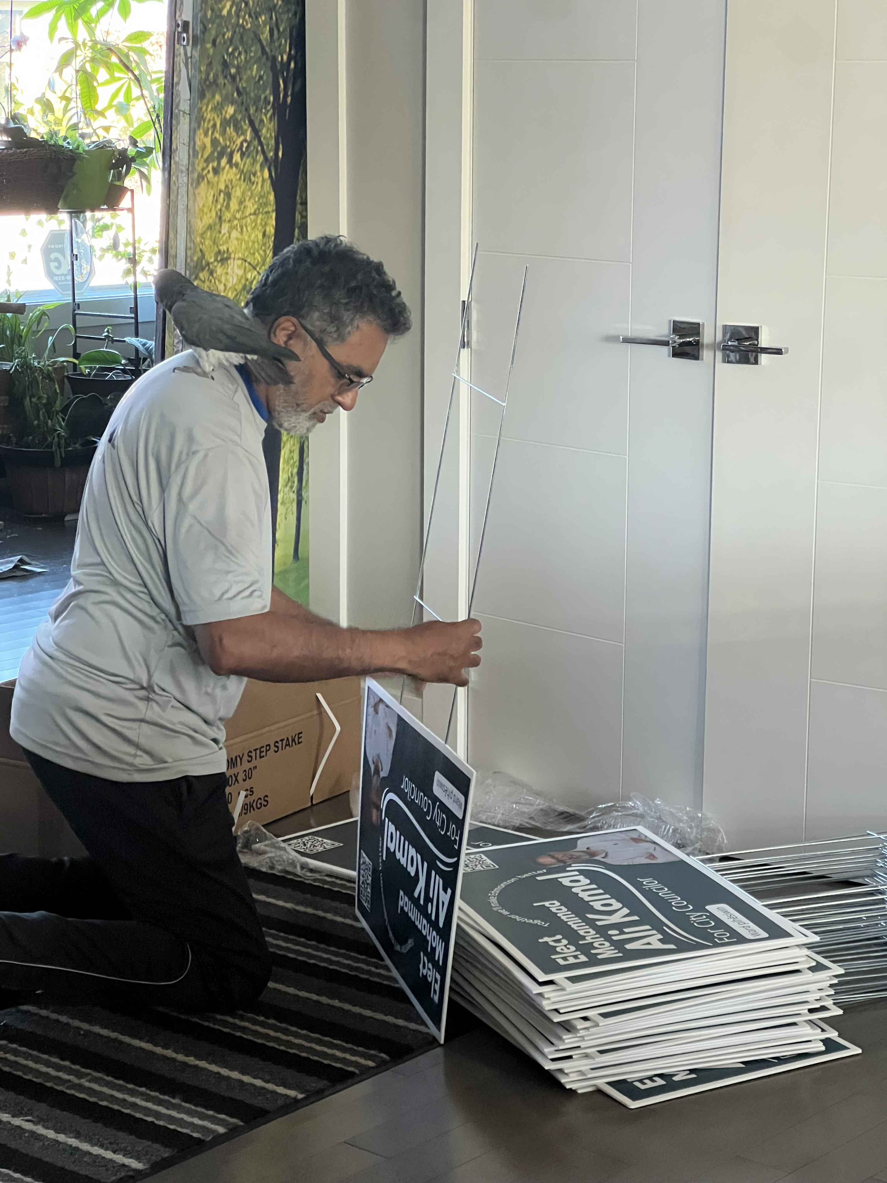 Ali setting up campaign lawn signs